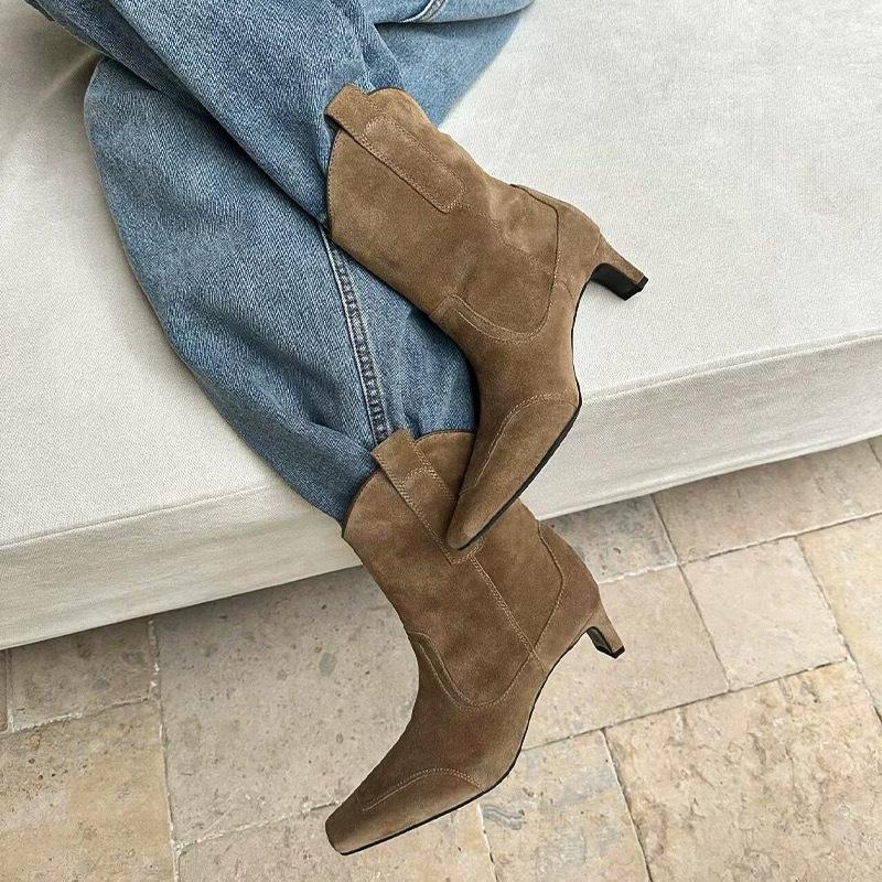 Korean version of niche suede face square head middle heel thin boots women's 2025 autumn and winter velvet western cowboy boots short boots