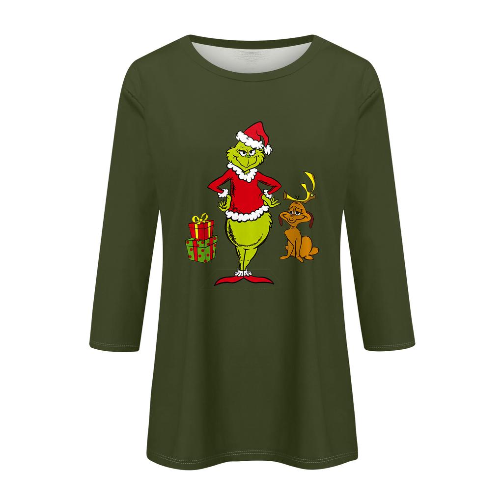 3/4 Sleeve Tops For Women T-Shirt Casual Christmas Print Tops T Shirt Round Neck Pullover Blouse