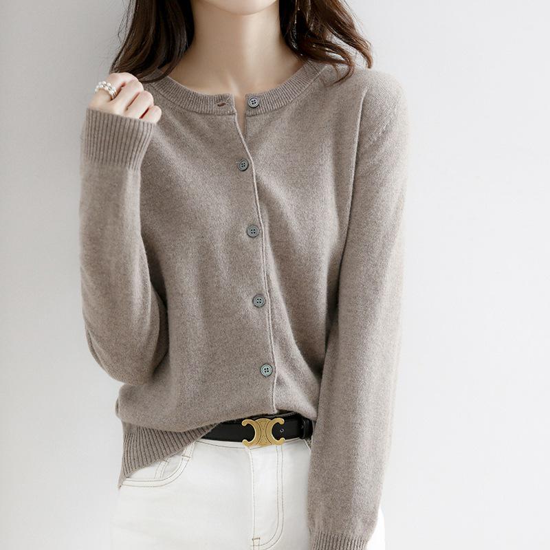 2023 Autumn/Winter Women's Korean-Style Camel Cardigan, Round Neck, Single-Breasted Knit Sweater.