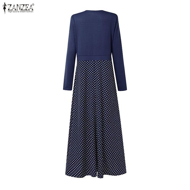 ZANZEA Women Casual Round Neck Long Sleeve Polka Dot Print Patchwork Retro Dress