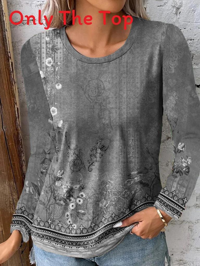 Landscape Print Long Sleeve T Shirt For Women With Polyester Fabric And Casual Style