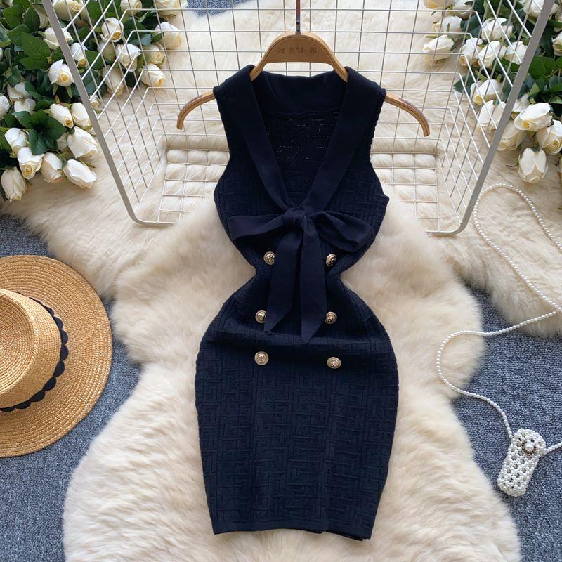 

Classic Style Dress Women s French Style Retro Design V Neck Bows Lace up Double Breasted Silm Knitting Short Skirt Black One size