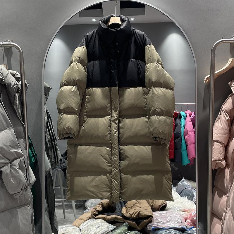 Contrast color down jacket women's medium and long autumn and winter new loose thickened stand-up collar white duck down jacket tide