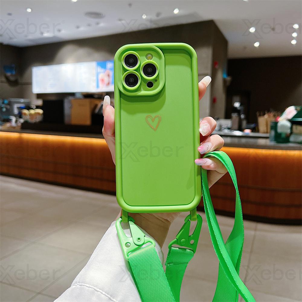 

Роскошный чехол через плечо с ремешком на шнурке и милым сердечком для iPhone 16 15 14 Pro Max 13 12 11 X XS 7 8 Plus, противоударный чехол For iPhone 13 ProMax&Case & Strap зелёный