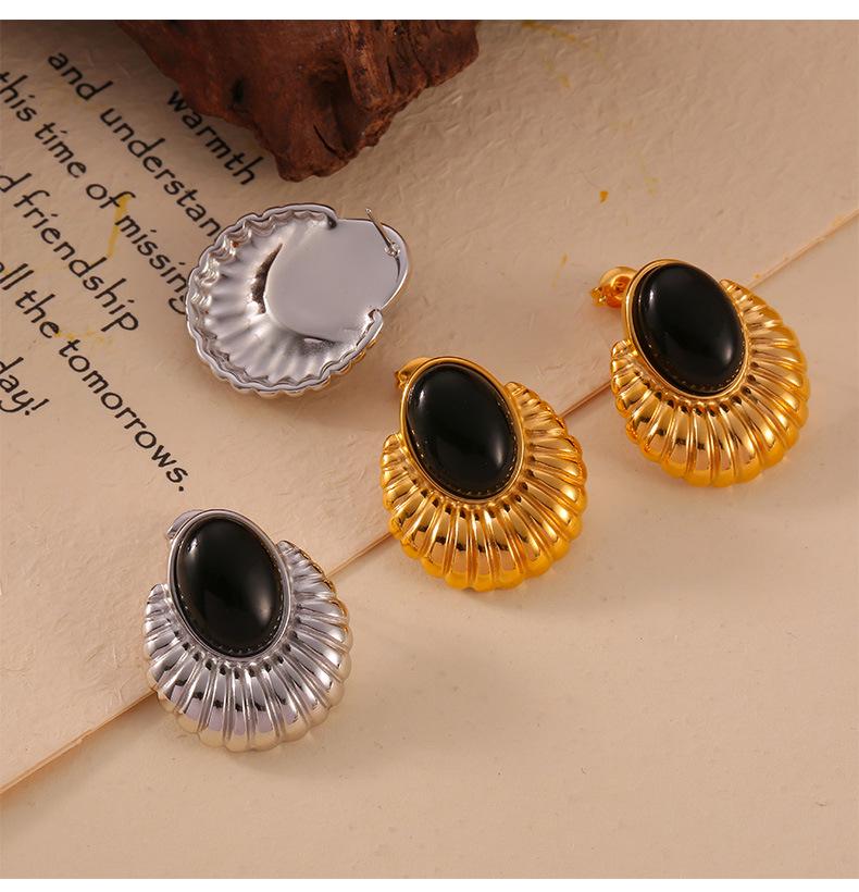 Retro Textured Splicing Earrings: Black Agate, Titanium Steel, Hypoallergenic European & American Fashion for Women