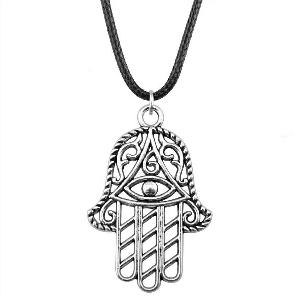 Hamsa Hand Evil Eye Pendant Necklace Spiritual Protection Boho Jewelry With 45cm Leather Chain