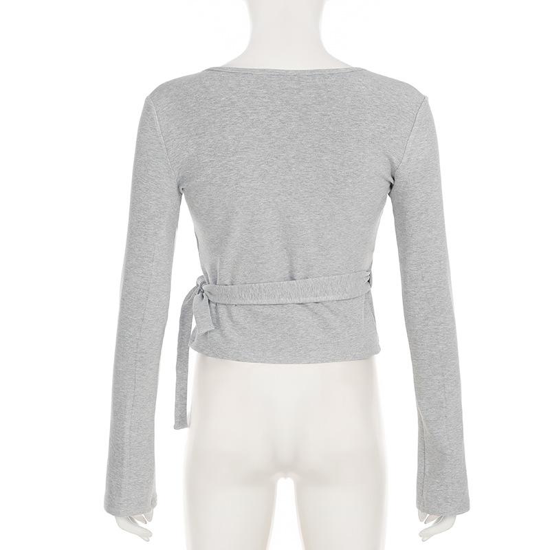 Stil Casual de Toamnă Velvet Subțire Sexy Decolteu în V cu Șnur Tricou Pantaloni Largi cu Talie Elastică Set Tricotat din Două Piese