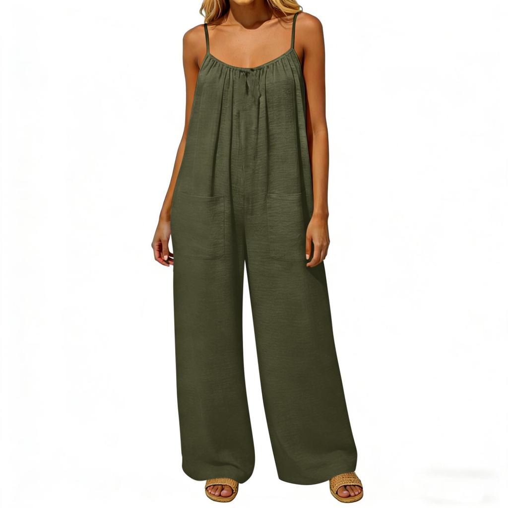 Damen-Jumpsuit, Lässige und lockere Passform, Mit rückenfreiem Design und dünnen Vintage-Trägern. Dieser Loungewear-Jumpsuit ist aus Baumwolle und Li