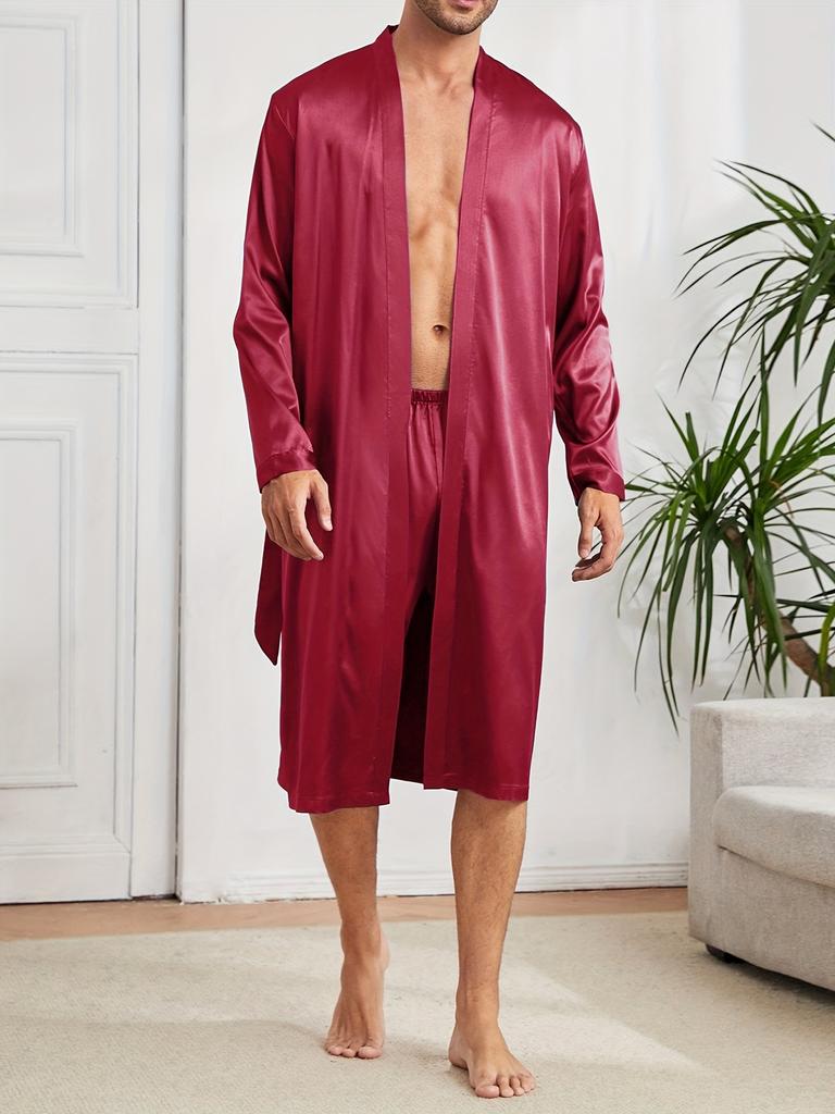 Herren Einfacher Stil Lässige Pyjama-Sets, Herren Bequemer Einfarbiger Morgenmantel, Eleganter Morgenmantel zum Schnüren & Lockere Shorts Hauspyjama-Sets