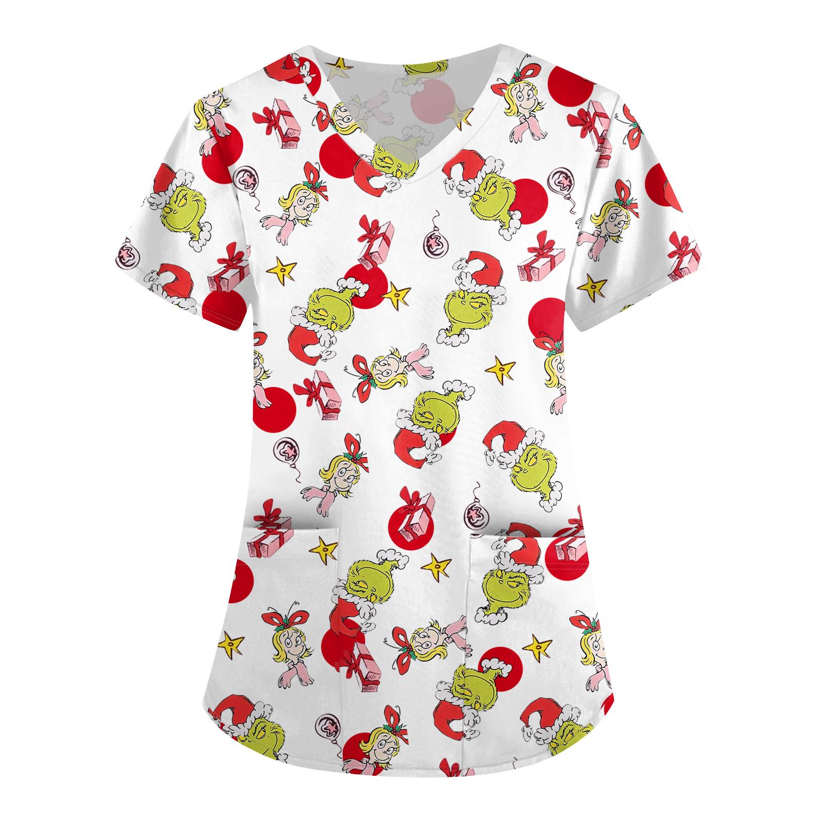 

Большой размер Принтованный скраб Рабочая униформа Топы для женских V-образный вырез с запахом Принт Короткий рукав Веселые футболки Рабочая одежда Футболка с карманами XXL белый