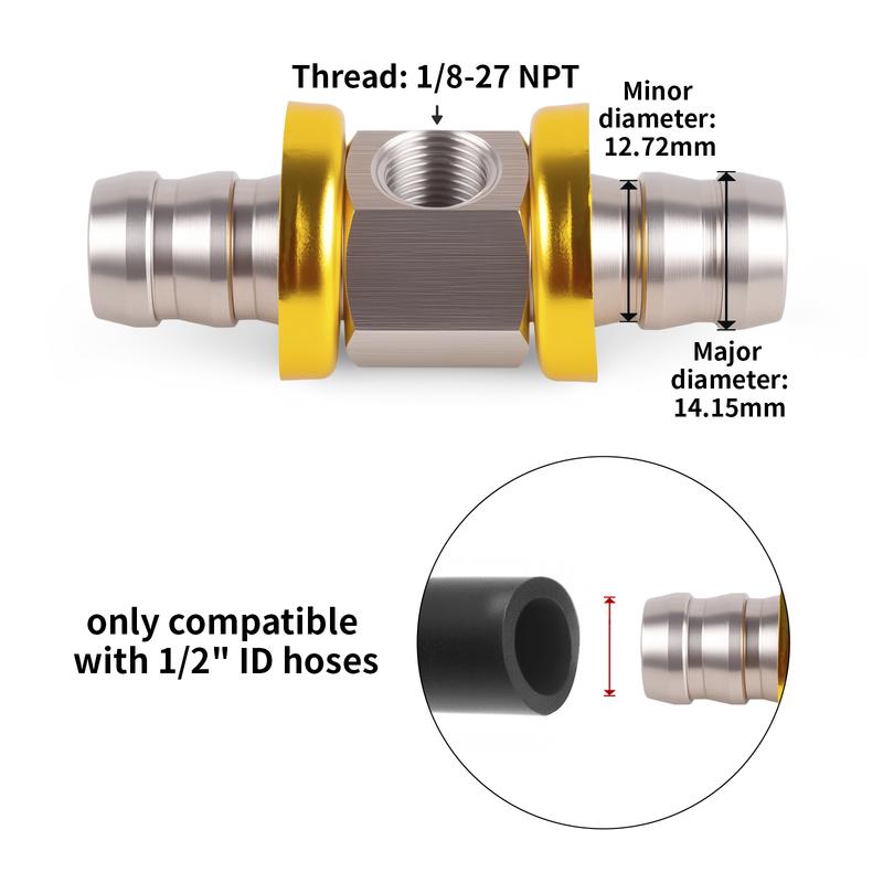 1/2NPT Or 3/8NPT Fuel Line Hose T-Fitting Adapter Fit 1/8-27 NPT Port For Fuel Pressure Gauge Sensor With Hose Clamps