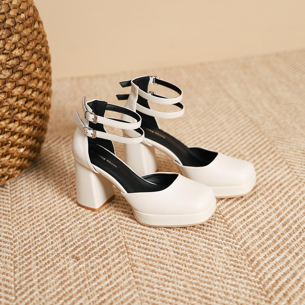 3359-22 Fashion and Sexy Strap Square Head Thick Heel Single Shoes Women's British Style Black High Heels One-word Belt Women's Shoes