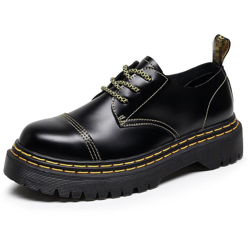 

1 thick-soled hole ex Martin shoes men s low-top leather double yellow line round head casual student muffin bottom short boots men 39 чёрный