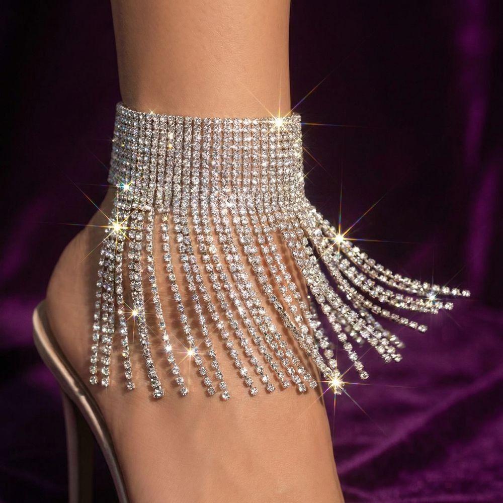 Shining Rhinestone Tassel Anklet Adjustable Foot Chain Jewelry  High Heel Shoes