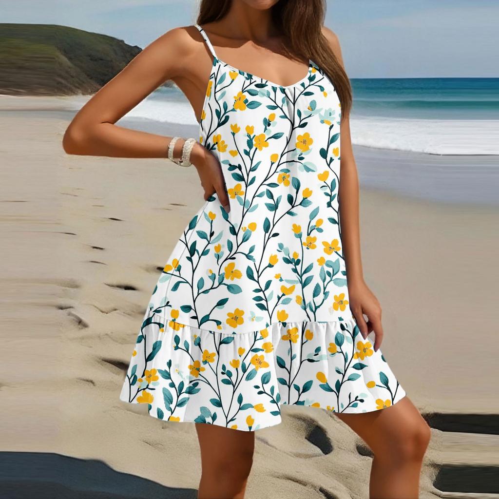 Dame Mote Casual Ermeløs Rund Hals Løs Blomsterprint Strandkjole