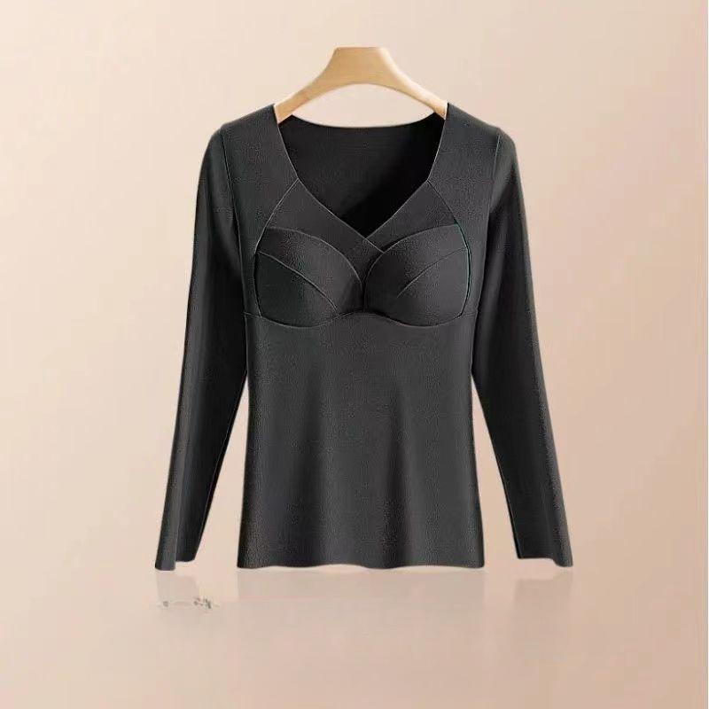 Women's Velvet Underwear with Chest Pad Autumn Winter Base Shirt Long Sleeve Thermal Underwear
