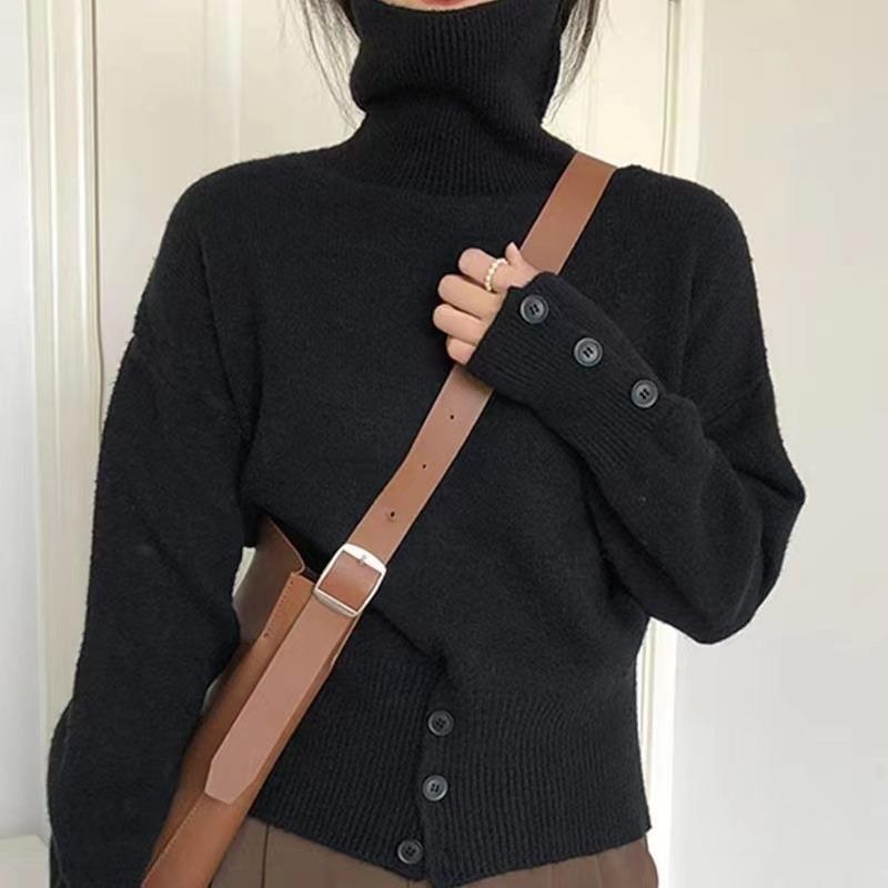 Chic Vintage Knitted Turtleneck Sweater for Women Autumn and Winter Warm Women Pullover Base Sweaters Slim Fit Casual Solid Loose Knitwears Tops 25256