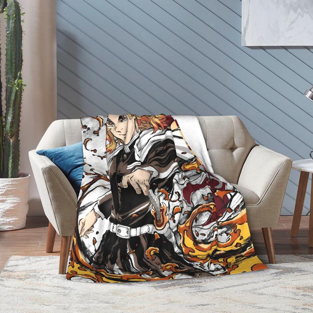 Demons Rengoku Kyoujurou Slayers Flannel Throw Blankets Flame Hashira Throws Knitted Blanket Outdoor Lightweight Thin Portable