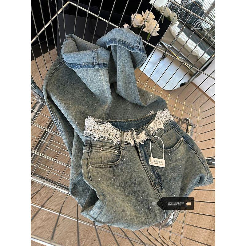 

Большой размер Кружевная талия Маленькие стразы Деним Женские Летние 2024 Новое поступление Высокая талия Прямые Свободные Широкие брюки-швабры Blue L [Suggested 52.50 kg-60.00 kg]]