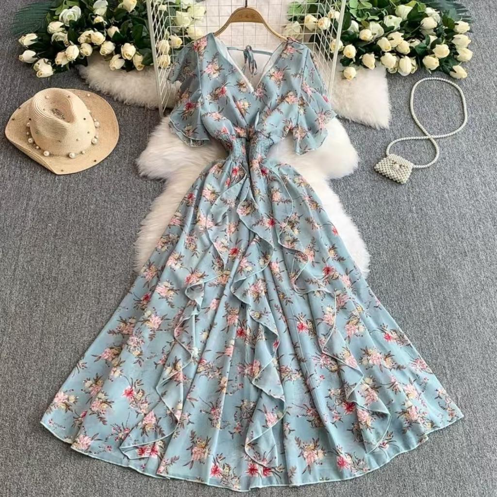 Women's V Neck Short Sleeve Maxi Dress Loose Fit High Waist Elegant Floral Print A Line Dress