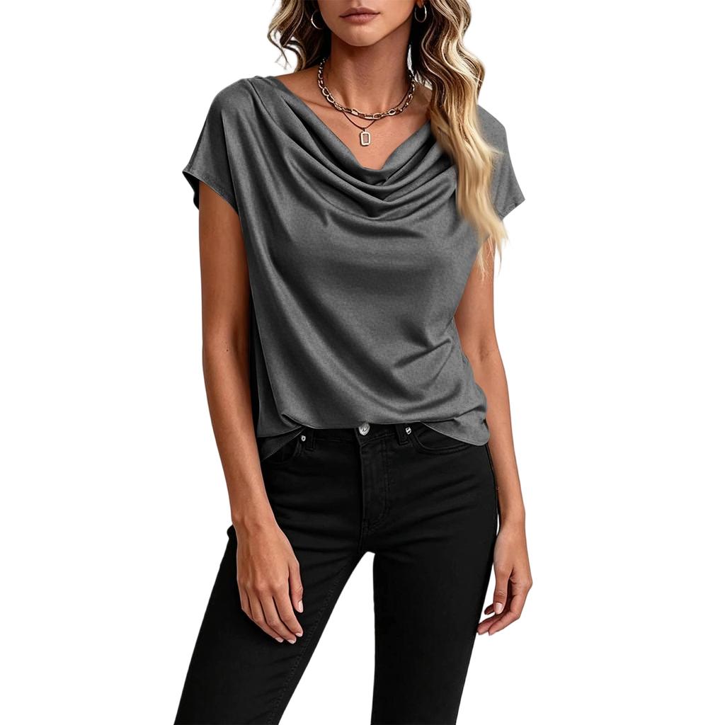 Womens Casual Draped Neck Short Sleeve Top Lightweight Relaxed Fit Solid Color Blouse Suitable for Daily Wear and Various Occasions