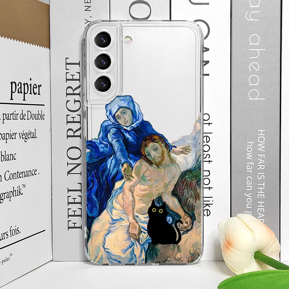 Vintage Oil Painting Van-Gogh Black Cat Phone Case for Samsung Galaxy A14 A16 A55 A54 A36 A53 A13 A15 A25 5G Scenery Clear Cover