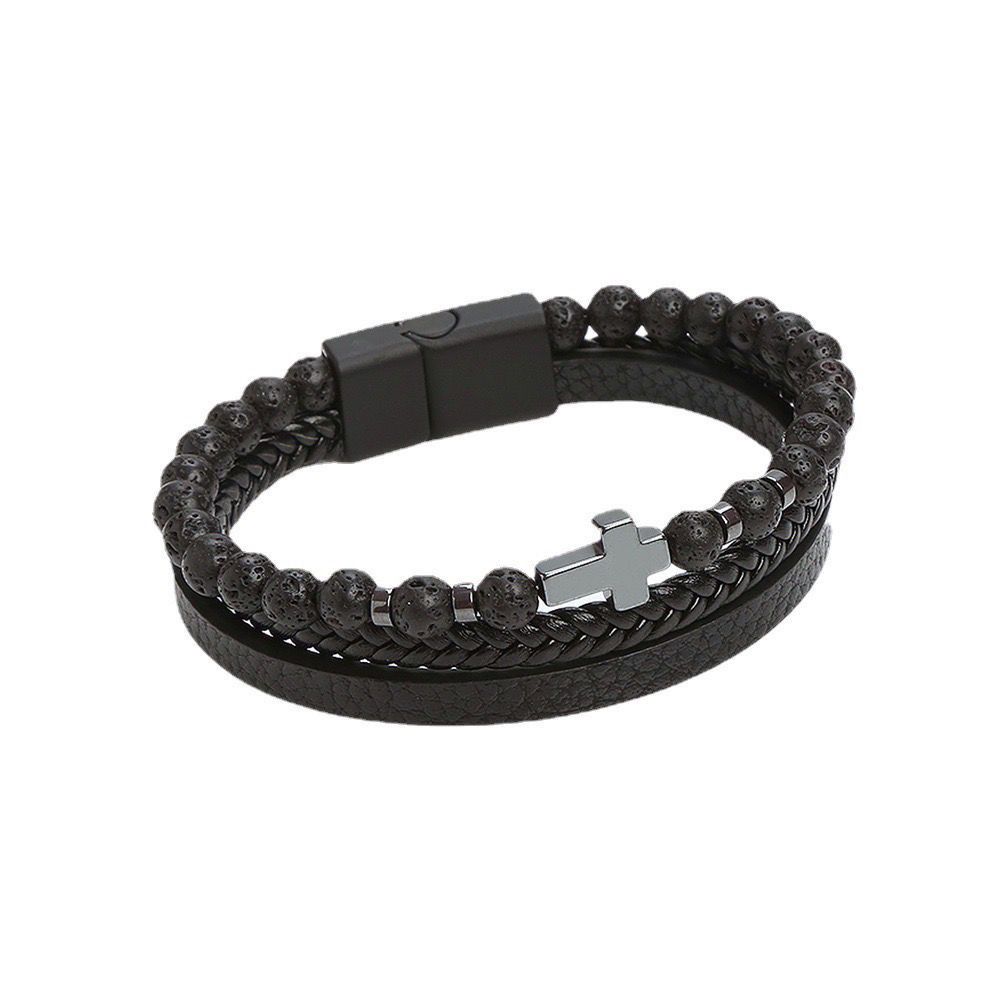 Natural stone stainless steel bracelet, tiger's eye stone, men's cross bracelet.