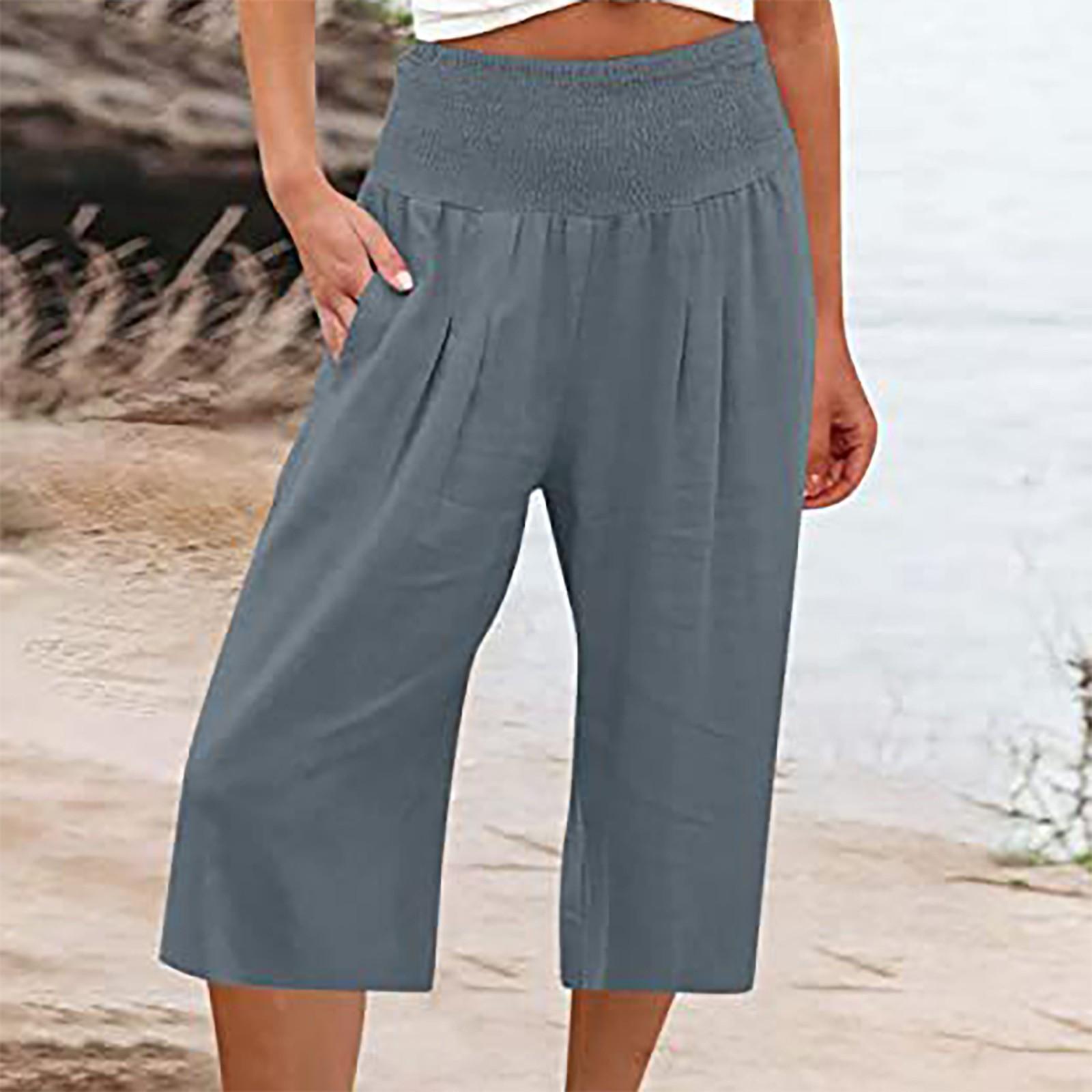 

Womens Summer Trendy Casual Elastic Waist Cropped Trouser Fashion Resort Wear Beach Vacation Pant S