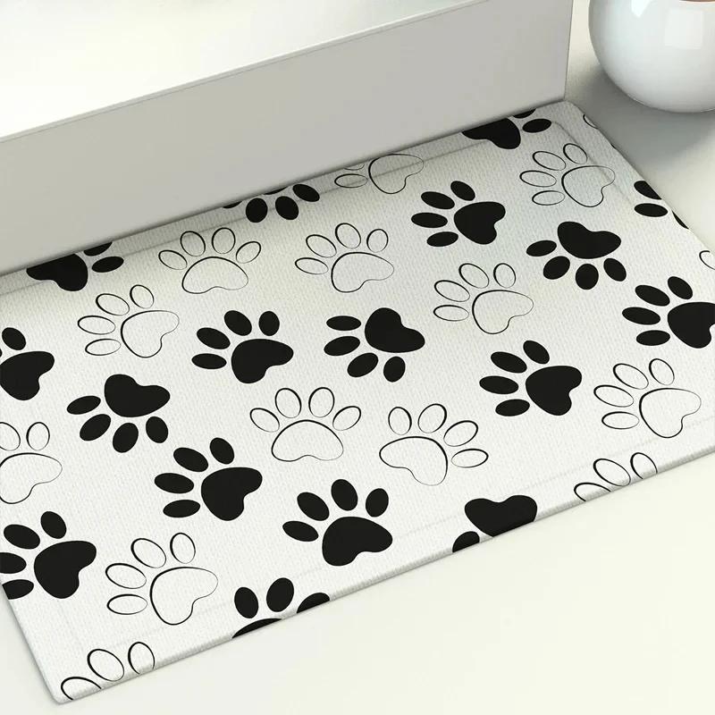 Dog Paw Footprint Black and White Color Printed Floor Mat Bathroom Non-slip Absorbent Porch Door Home Decoration