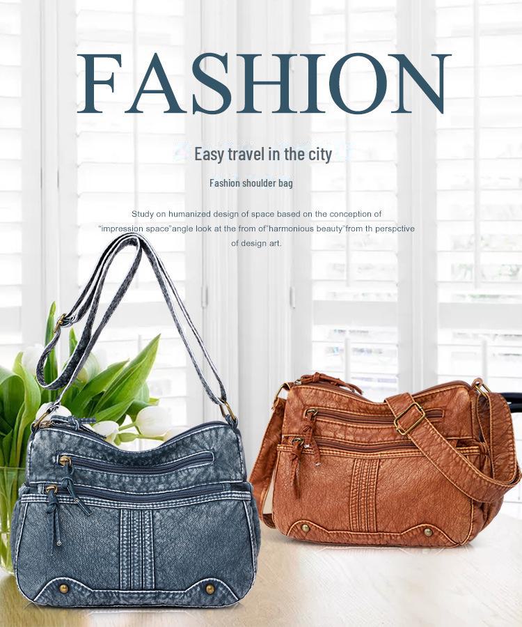Large Capacity Soft Leather Cross-border Women's Shoulder Tote Bag for Middle-aged Women, with Washed Leather Finish.