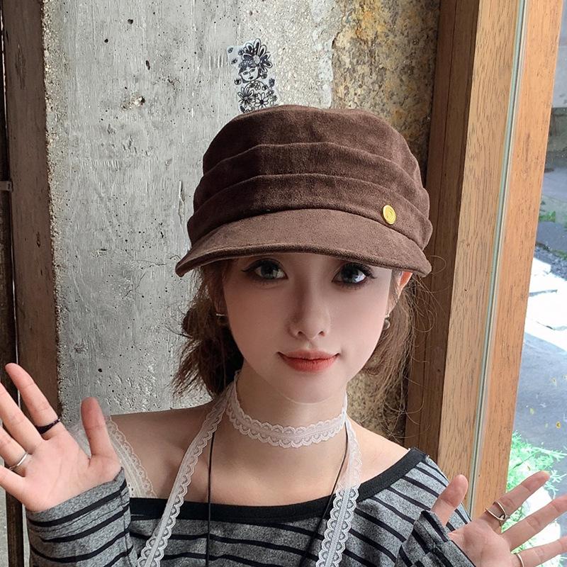 

Новая шляпа Женская замшевая плиссированная шляпа для верховой езды Ретро старая шляпа газетчика с плоским верхом Литературная шляпа художника Трендовая M（56-58cm）