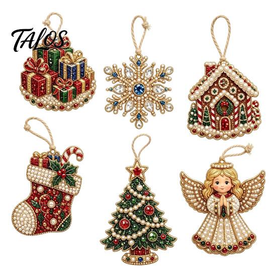 Festive Resin Rhinestone Ornaments 6 Pcs Christmas DIY Faux Pearl Painting Kit Ornaments, Art Seasonal Hanging Decor Tree Decoration with Jute