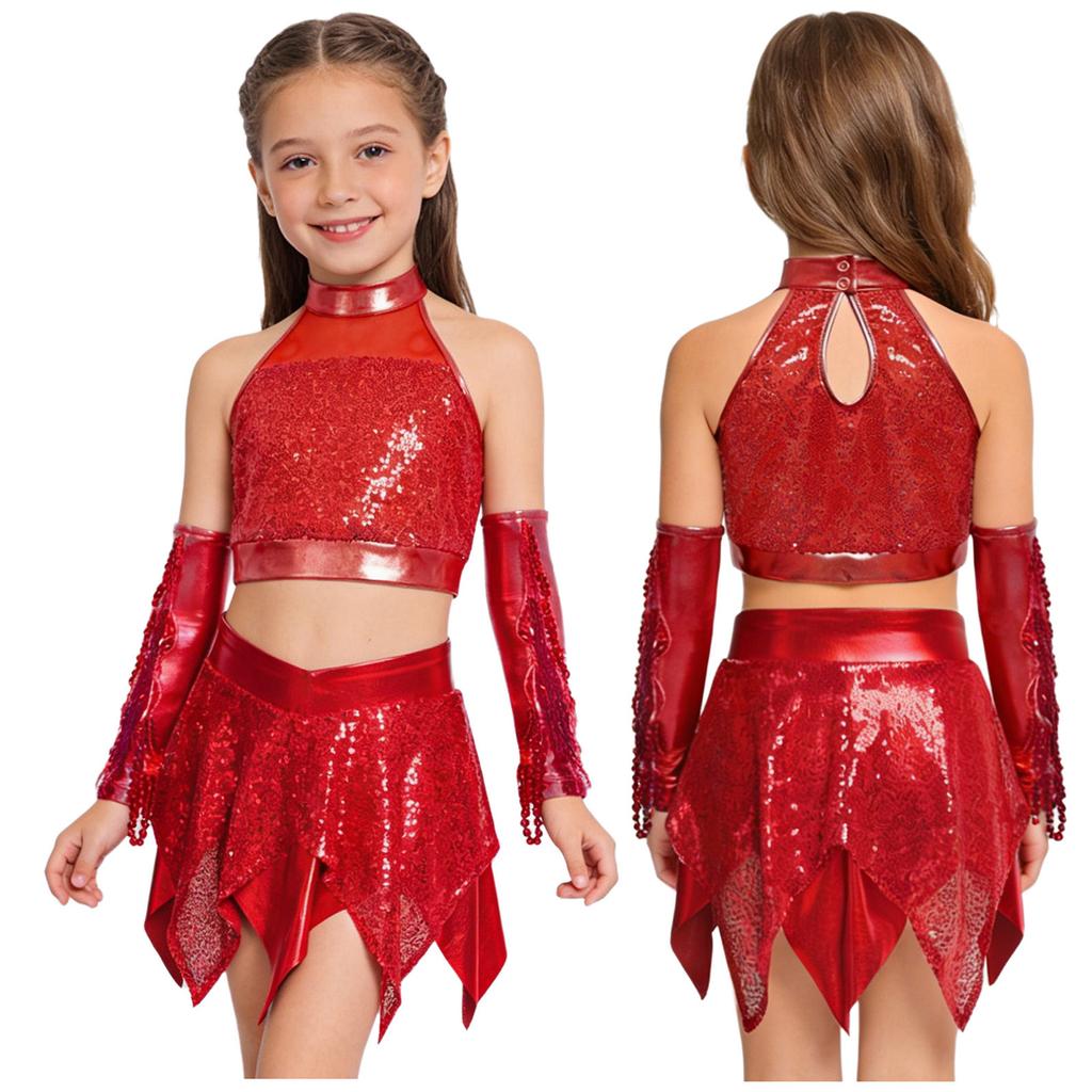 Kids Girls Jazz Dance Performance Outfit Sleeveless Keyhole Back Sparkly Sequins Crop Top with Asymmetric Metallic Skirt and Sequined Tassels Gloves