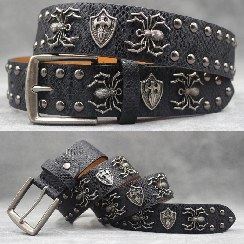 Punk Style Women's Jeans Belt With Studded Spiders Charm Adjustable Waist Strap PU Leather
