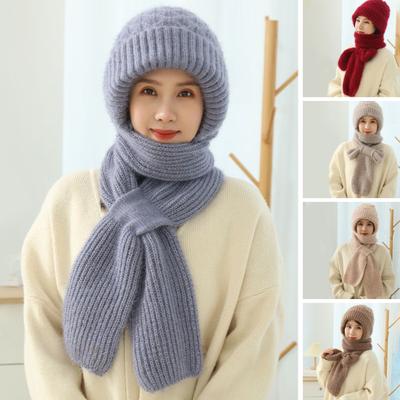 Ladies Winter Hat Knitted Thick Solid Color Double-layered Windproof Warm Soft Ear Protection Elastic Anti-slip Beanie Scarf Combo Women Cap