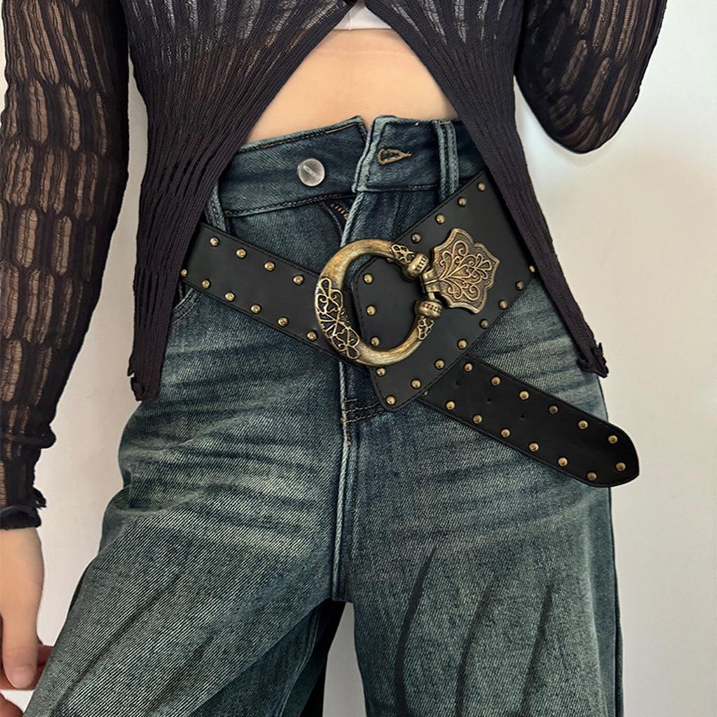 Metal Carved Buckle Belt Aesthetic Corset Waistband with Rivet Daily and Formal Wide Belt Waist Cincher for Pants Jeans