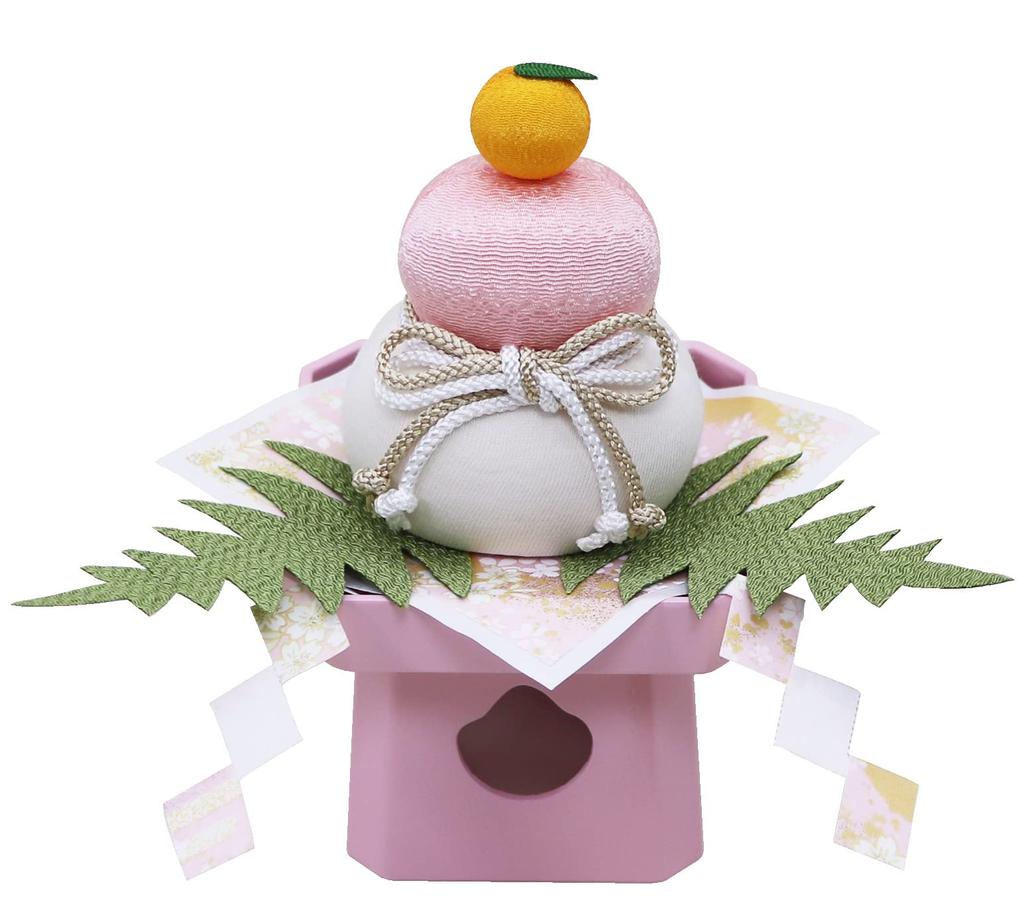 Osaka Choseido Kagami Mochi Red and New Year Includes a Free Original Wooden Tag (Mirror Mochi) Ornament, White, Chirimen, 14.5cm Tall, Decoration,