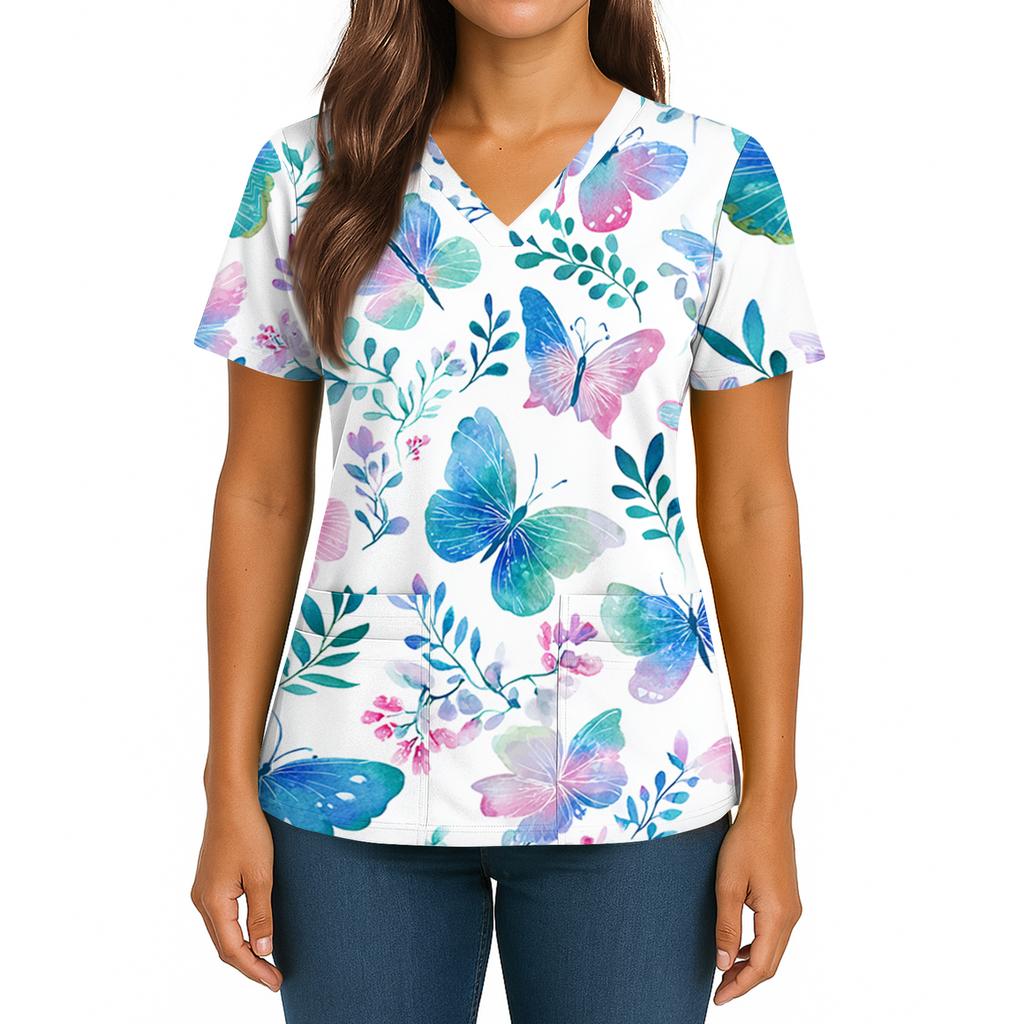 Women's floral print V-neck double pocket short-sleeved uniform/caregiver top with slits at the hem