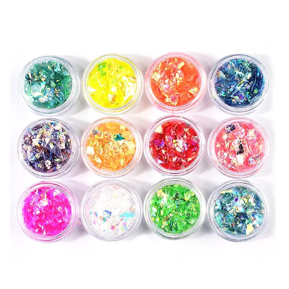 YFFSFDC Crushed Hologram Set Neon Flakes Material for Resin Nail Glitter Film 12-Color Crafts, Inclusions, Art,