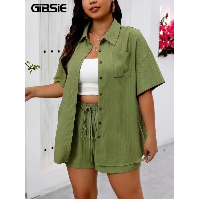

Short Sleeve Shirt Wide Leg Shorts Suit green 3XL