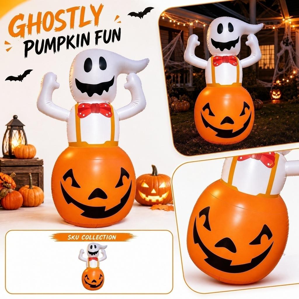 Inflatable Halloween Ghost and Pumpkin Decoration Large Standing Air-Filled Yard Ornament for Indoor Outdoor Seasonal Display