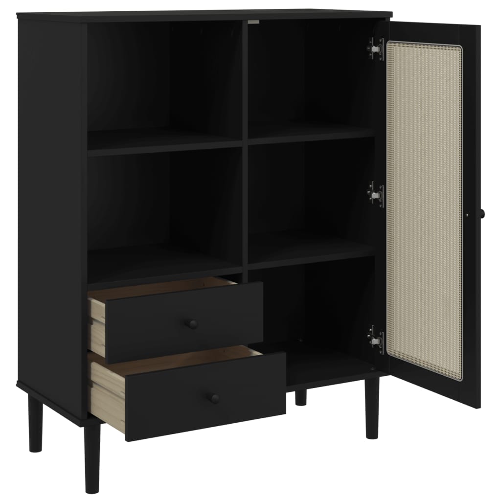 Highboard SENJA Rattan Style Black 90x40x112 Cm Pine Wood