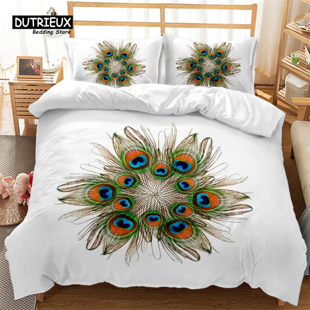 Peacock Feather Bedding Set Peacock Duvet Cover Set Single Double King For Adult Women Microfiber Comforter Cover Bedroom Decor