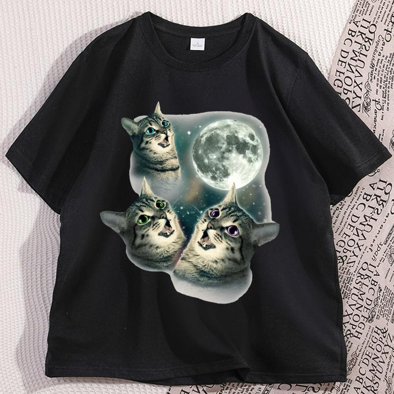 Three Cat Moon T Shirt Man Cotton Short Sleeve Funny Cat Parody Tshirt Wolf Moon Cat Cute Kitten Tshirt Male Clothes Tops