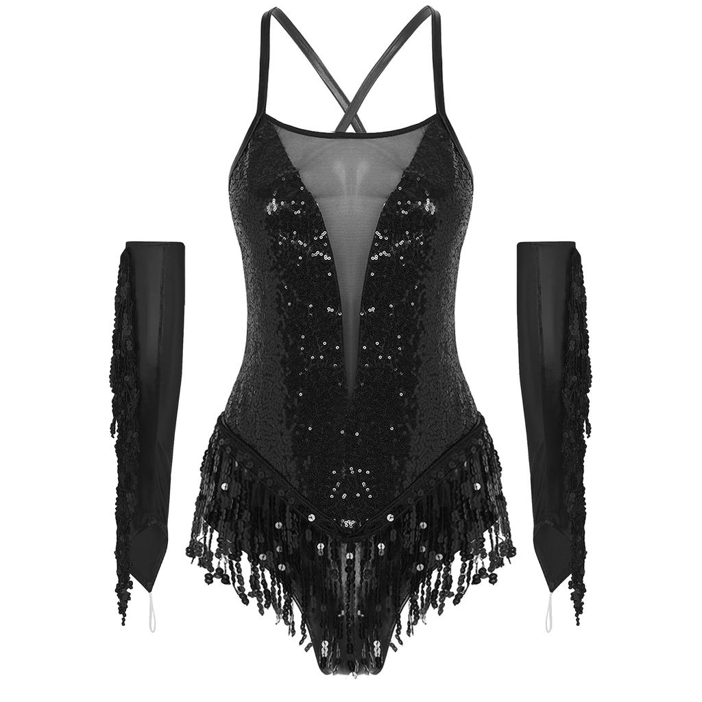 Damski Kostium na Występ Tańca Łacińskiego z Krzyżowym Tyłem Błyszczące Płatki Frędzle Body Metaliczne Rękawiczki