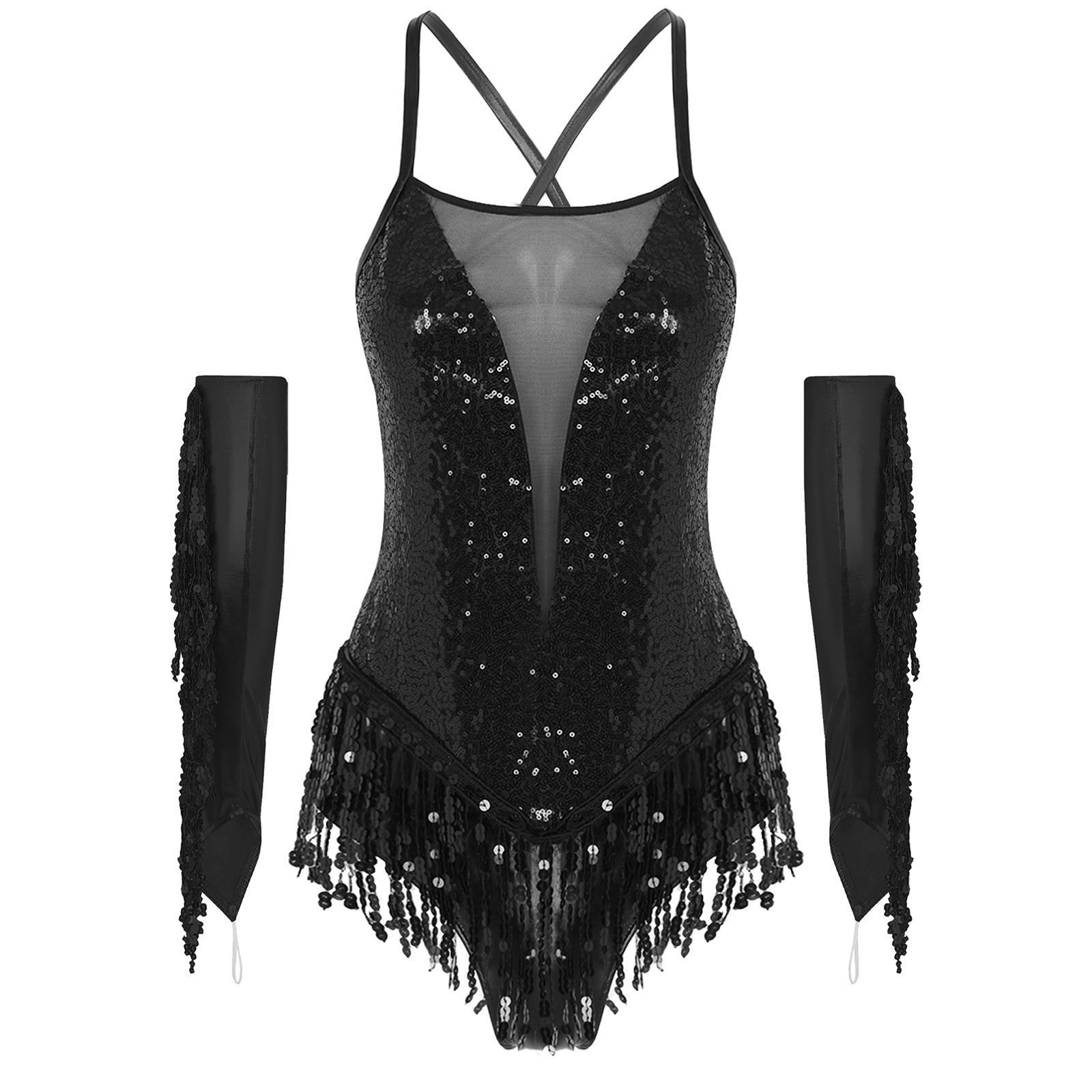 Costume da Esibizione Danza Latina da Donna Schiena Incrociata Paillettes Lucide Body Frangiato Nappa Guanti Metallici XXL nero