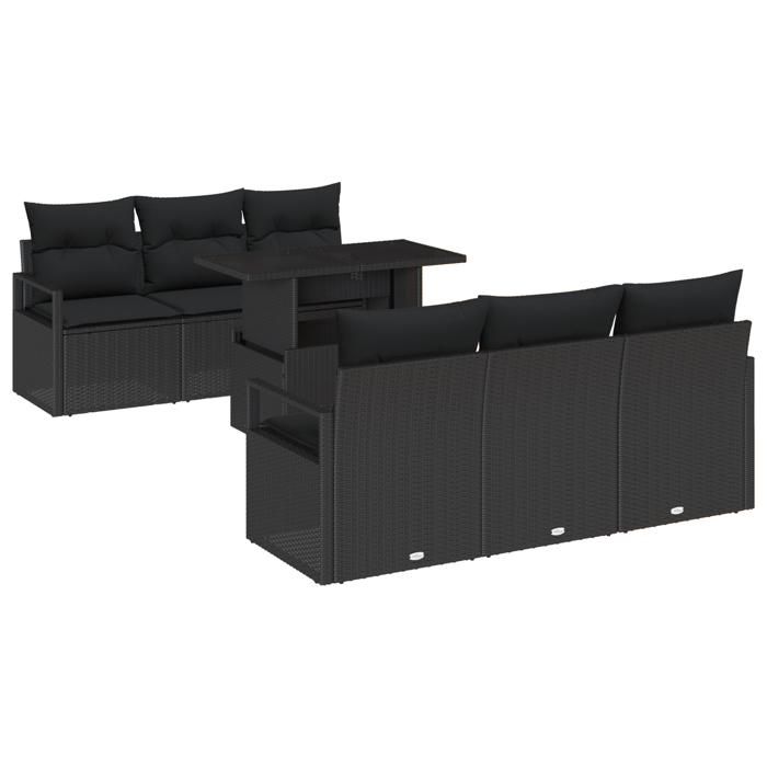 Ensemble de Canapés de Jardin de 7 Pièces avec Coussins Noir Poly Rattan, Canapé de Jardin 2 Places avec Coussins Noir Poly 3348749