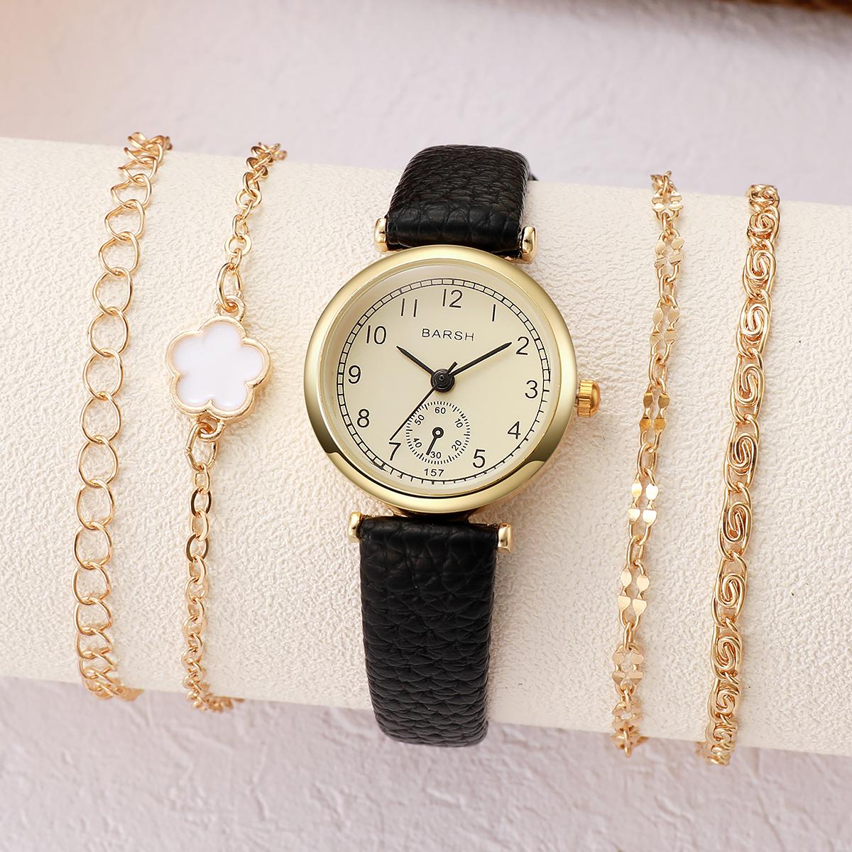 

Простой темперамент, ощущение высокого класса, новый круглый циферблат, роскошные ретро-модные женские кварцевые часы-браслет, набор из пяти предметов чёрный