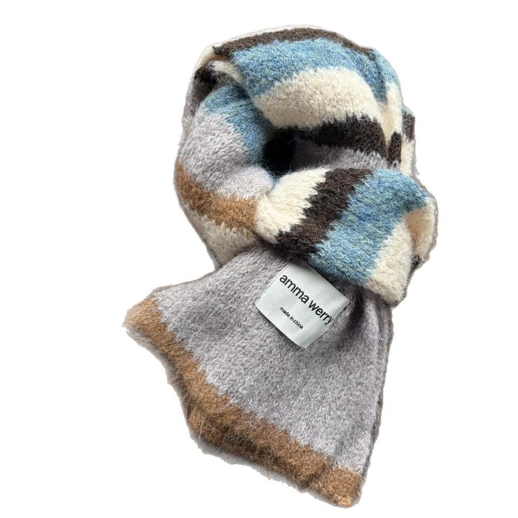 Mohair striped scarf women's autumn and winter thickened warm imitation cashmere shawl contrasting color versatile couple scarf men