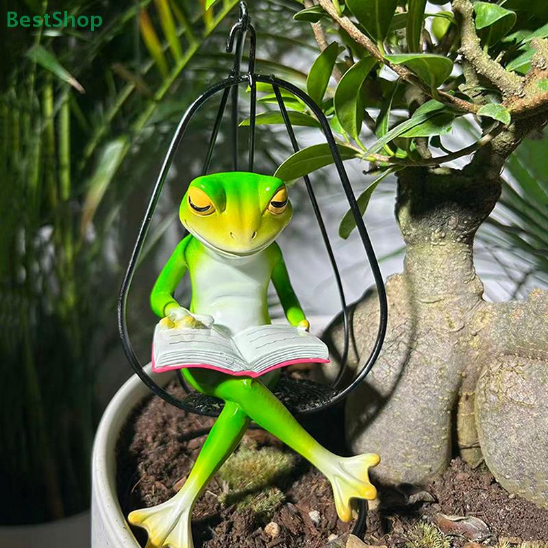 Reading Frog on Swing Decor - Resin Animal Figurine, Cute Desktop Ornament for Home, Office & Plant Decoration